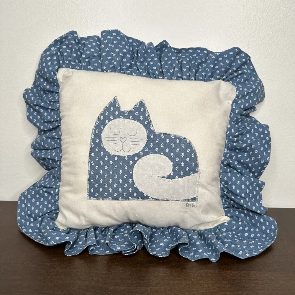 Vintage Quilt Cat Throw Pillow Blue Ruffle Grannycore Embroidered Handmade Kitty